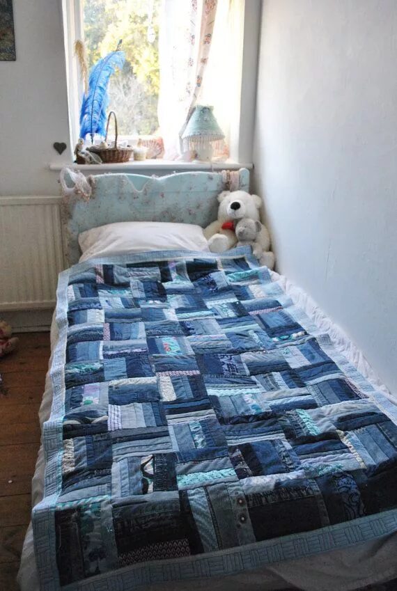 Покрывало из джинсов своими руками фото Denim Blue Country Cottage / Shabby Chic Patchwork Quilt Bed Runner Throw Custom