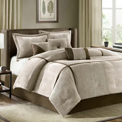 Покрывало в современном стиле фото BEAUTIFUL ULTRA SOFT MODERN BEIGE BROWN TAN CORDUROY TAUPE STRIPE COMFORTER SET 