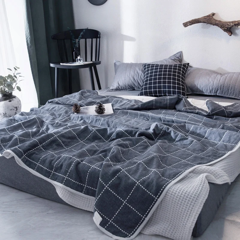 Покрывало в стиле лофт Хлопковое одеяло для спальни, тонкое летнее одеяло, серое клетчатое покрывало дл