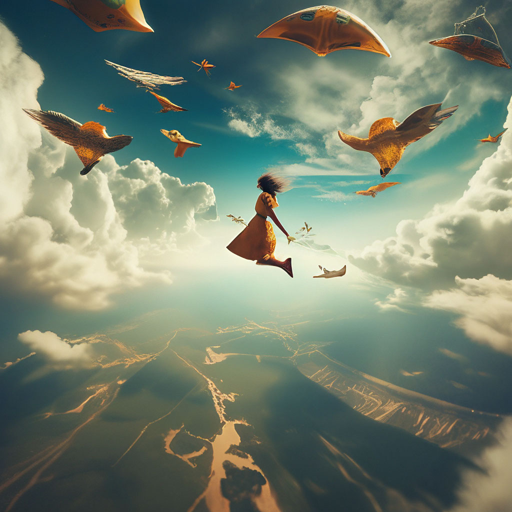 Полет во сне фото "Flying in a dream over the ground" - image created in Shedevrum