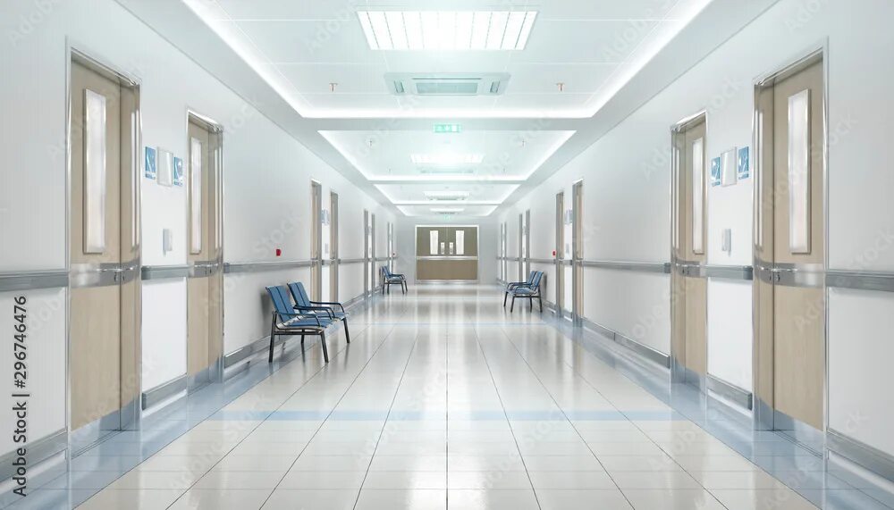 Поликлиника коридор фото Long hospital bright corridor with rooms and seats 3D rendering фотография Stock