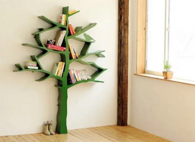 Полка дерево фото Bookshelf Plans with Unique and Stylish Shape : Tree Bookcase Green Color Unique