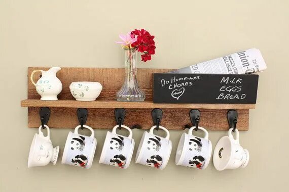 Полка для кружек деревянная фото Coffee Mug Rack - 6 Metal Hooks with Mail Slot and Chalkboard Rustic Coffee Mug 