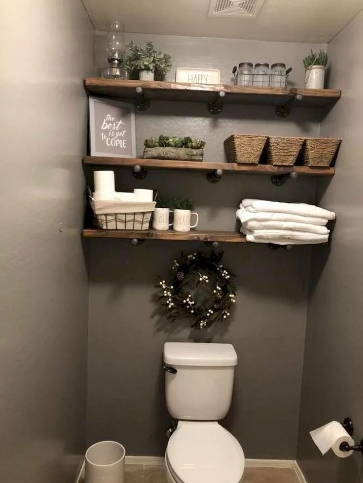 Полка над туалетом фото 80 Affordable Rustic Bathroom Storage Ideas - Decoradeas Decoração do banheiro, 