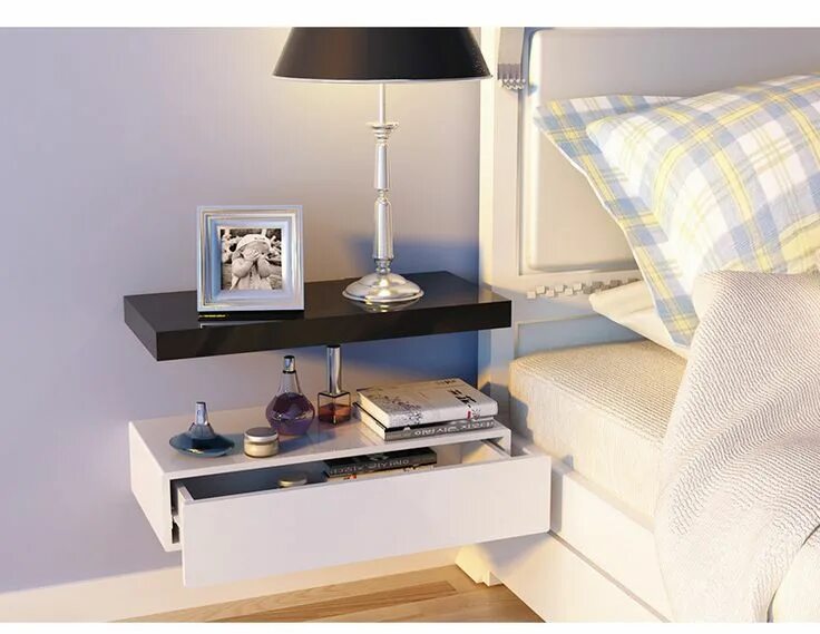 Полка в спальню фото Bedroom Side Table Floating Drawer Shelves Floating shelf with drawer, Side tabl