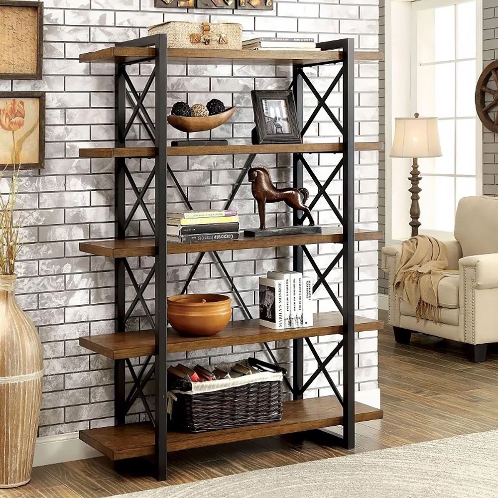 Полка в стиле лофт напольная Rustic Brushed Black Metal 5 Shelf Industrial Loft 63" Bookshelf Homary Мебель д