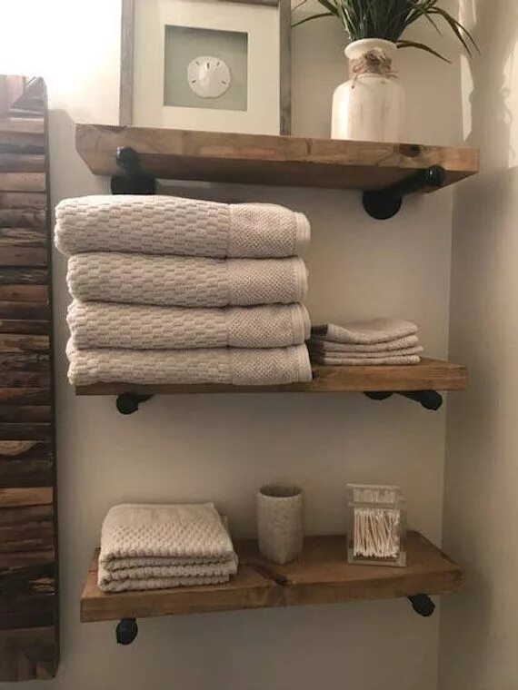 Полка в ванну в стиле лофт Floating Shelf, 8" Deep Industrial Shelf, Wood and Pipe Shelf, Rustic Bathroom o