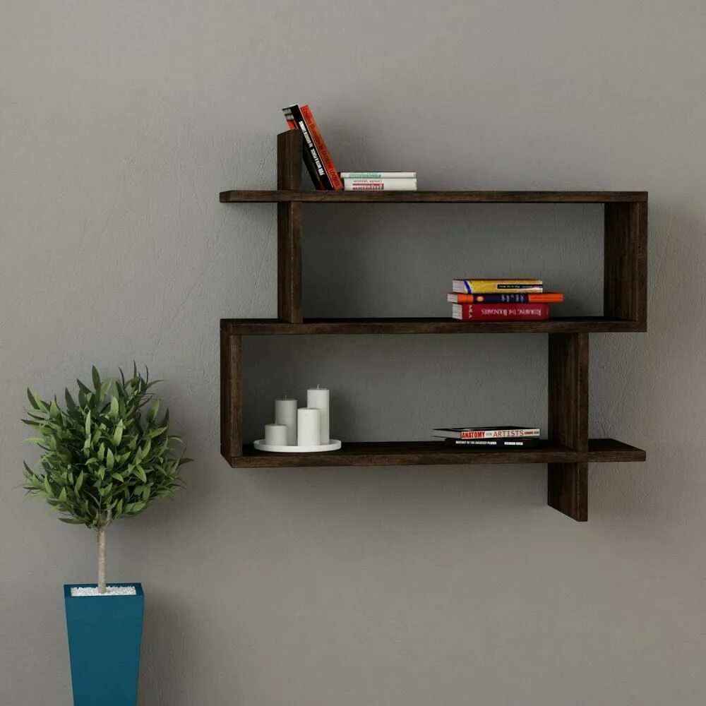 Полки для книг настенные фото Tayse Rugs Westcott Dark Brown Mid-Century Modern Wall Shelf DCRW2032 - The Home