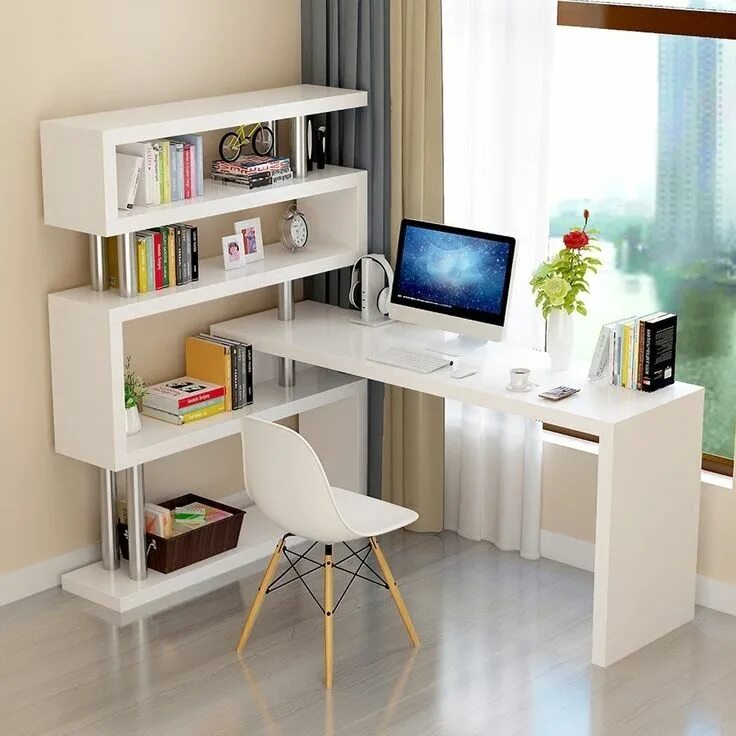 Полки для школьного стола фото Modern White L-Shaped Desk Writing Desk with Storage Shelves Homary White l shap