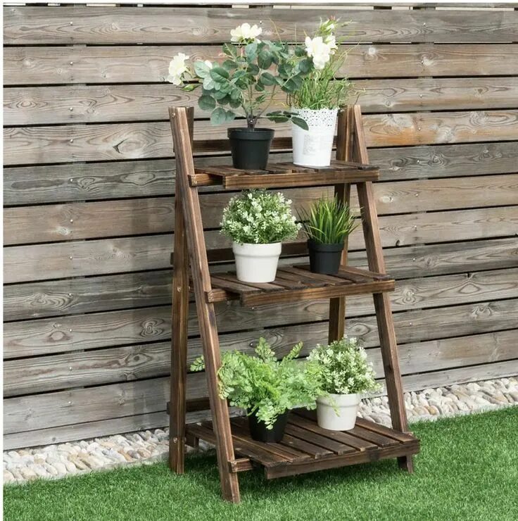 Полки на дачу фото Costway 24 in. x 15 in. L x 37 in. Ladder Indoor Outdoor Brown Wood Plant Stand 