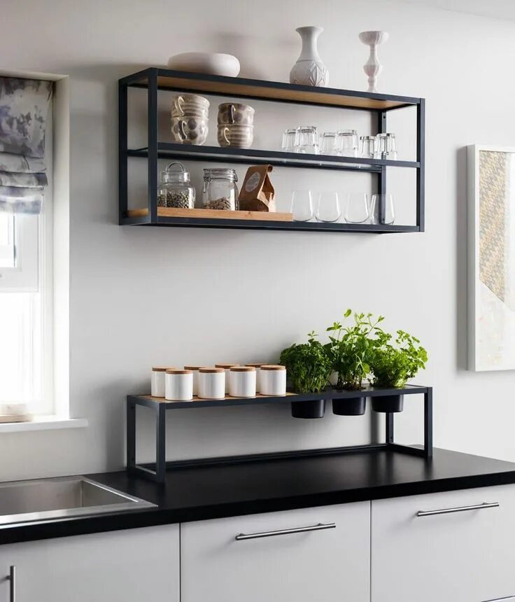 Полки на кухню фото Freestanding countertop shelf, wood/black metal frame Kitchen cabinets decor, Ki