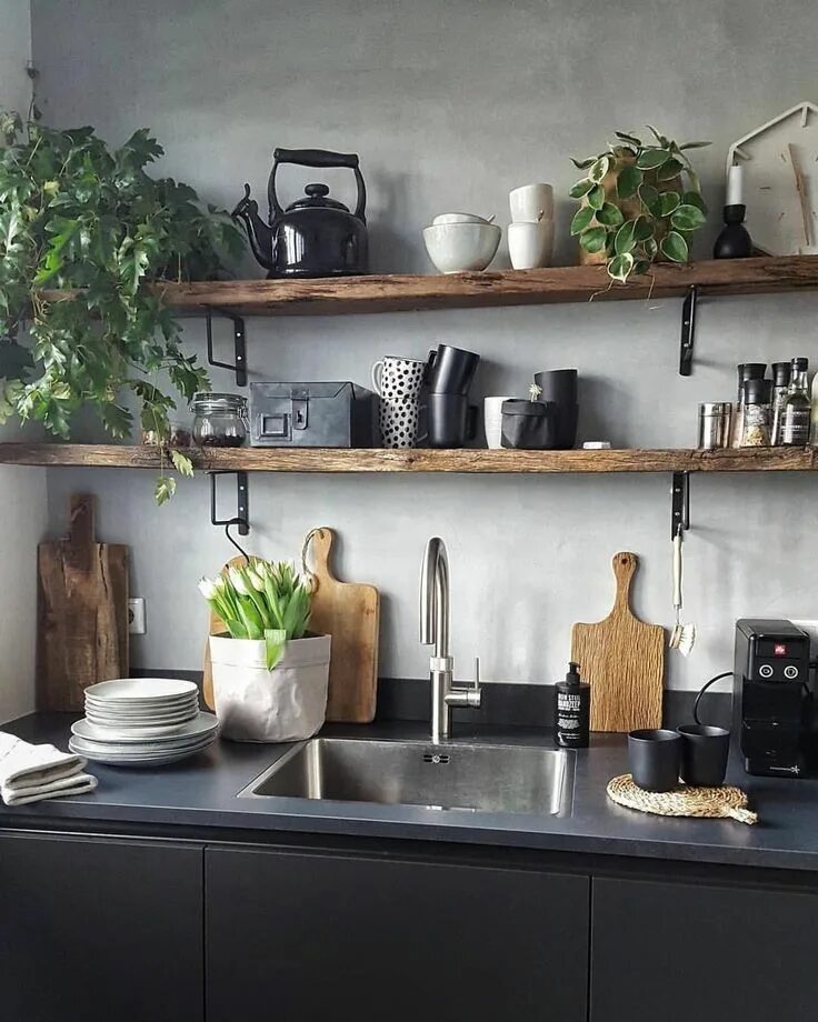 Полки на кухню в стиле лофт Pin by Claudia on home Rustic kitchen, Dark wood shelves, Kitchen style