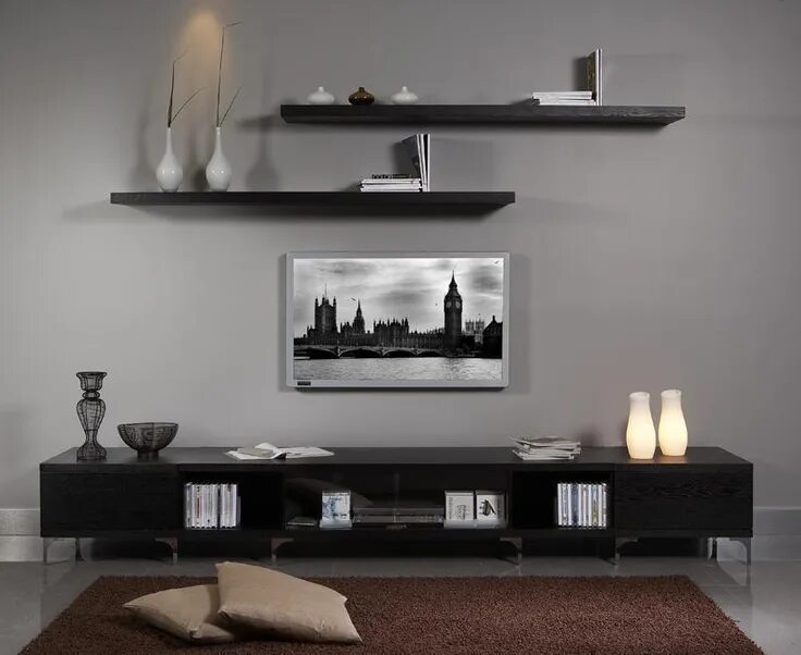 Полки на стену в гостиной фото tv as art Floating shelves living room, Entertainment center, Modern entertainme