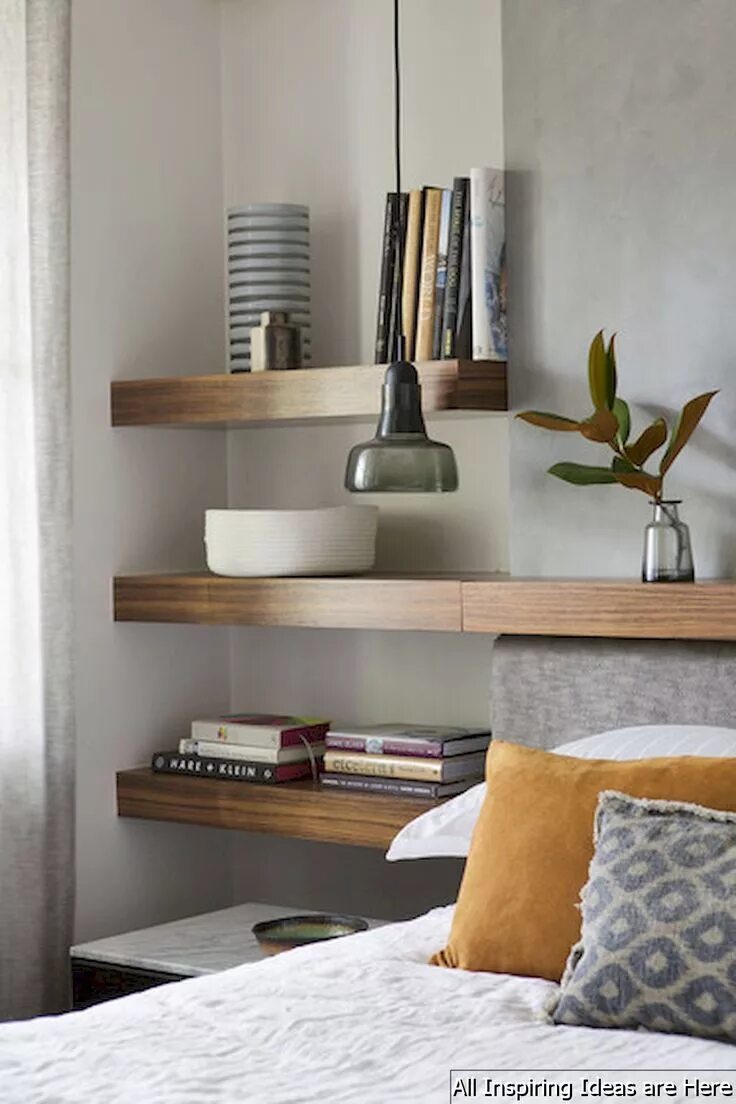 Полки на стену в интерьере спальни Gorgeous 65 Simple Bedroom Shelves Design Ideas https://roomaholic.com/1036/65-s