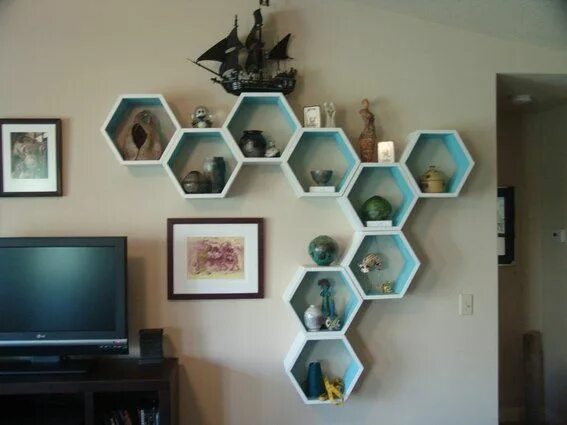 Полки соты на стену в интерьере Modern Shelving - Hexagon Arrangements Rustic floating shelves, Ikea floating sh