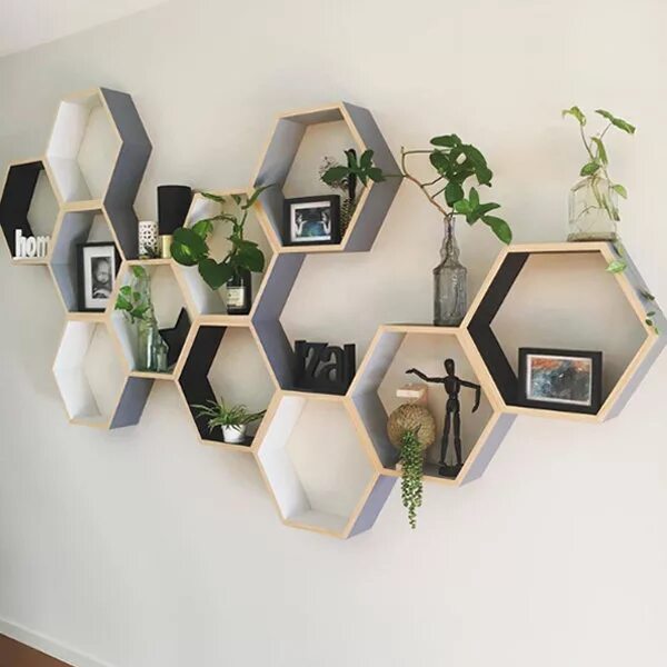 Полки соты на стену в интерьере Nordic Style Hexagon Shelf - ApolloBox