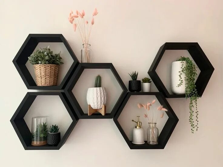 Полки соты в интерьере кухни фото "Honeycomb Shelves 4.5" Deep; 13" x 15" Hexagon Shelf; Black honeycomb shelve