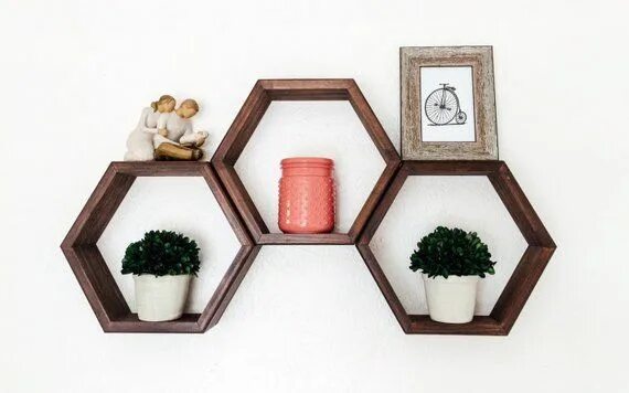 Полки соты в интерьере кухни фото Set of 3 Hexagon Shelves, Honeycomb Shelves, Geometric Shelf, Choice of Stains (