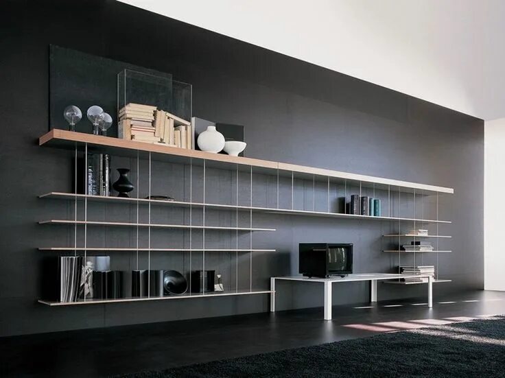 Полки современного дизайна Floating steel and wood bookcase GRADUATE - MOLTENI & C. Furniture design, Wood 