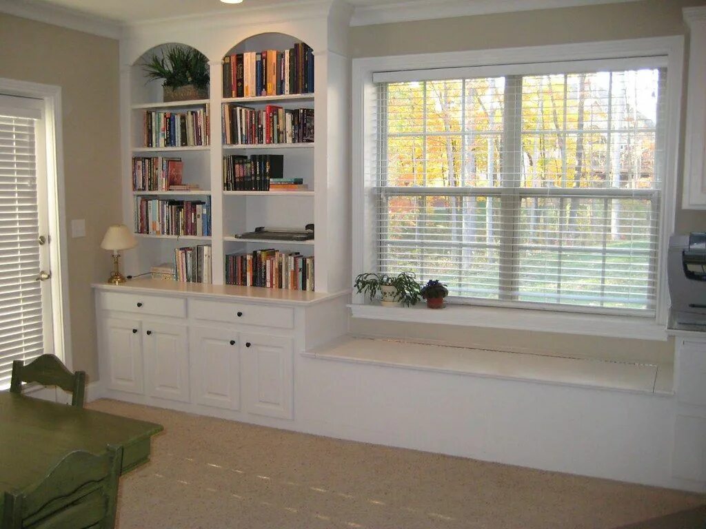 Полки у окна фото Walkout Basement Built-In Bookcase and Window Seat Built in bookcase, Built in f