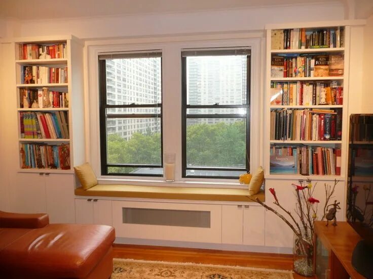 Полки у окна фото NYC: Custom Built In Radiator Covers Window Seats Under & Around Window Bookcase