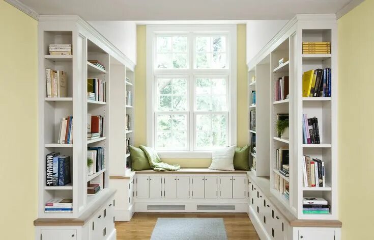 Shelving under window Bay window living room, Living room windows, Living room s