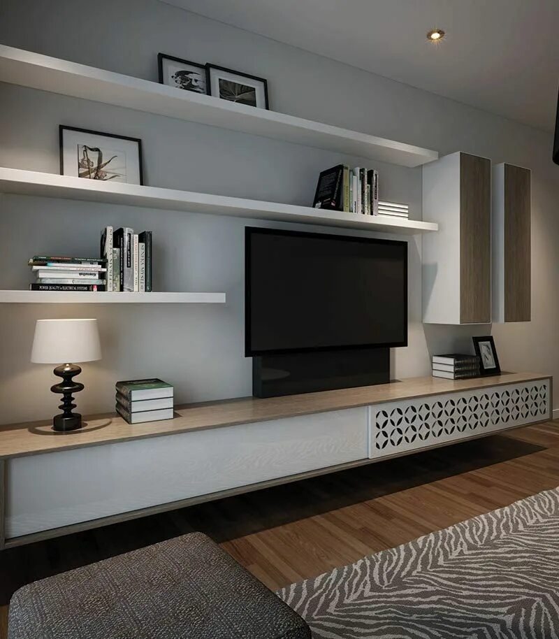 Полки в интерьере гостиной над телевизором Pin en Entertainment unit Decoracion de interiores salones, Muebles centro de en