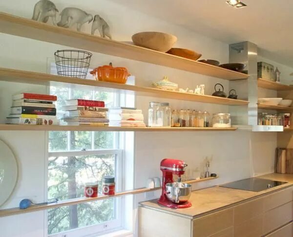 Полки в кухонном гарнитуре фото Open Kitchen Shelves and Stationary Window Decorating Ideas Kitchen shelf design