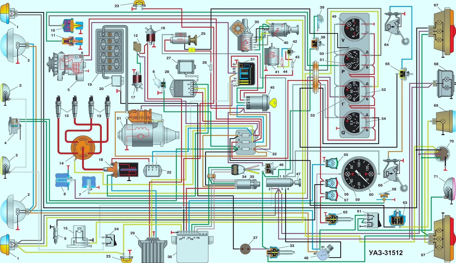 Полная электросхема схема электрооборудования УАЗ–31512 уаз 31514 уаз 31519 - УАЗ 31519, 2,5 л, 2003