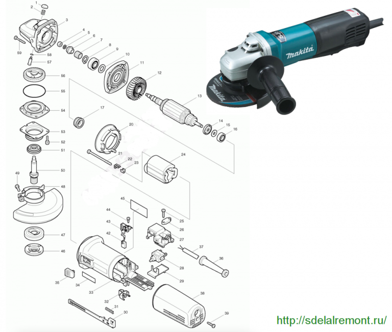 Полная схема сборки болгарки макита ga5030 9565 02 Makita