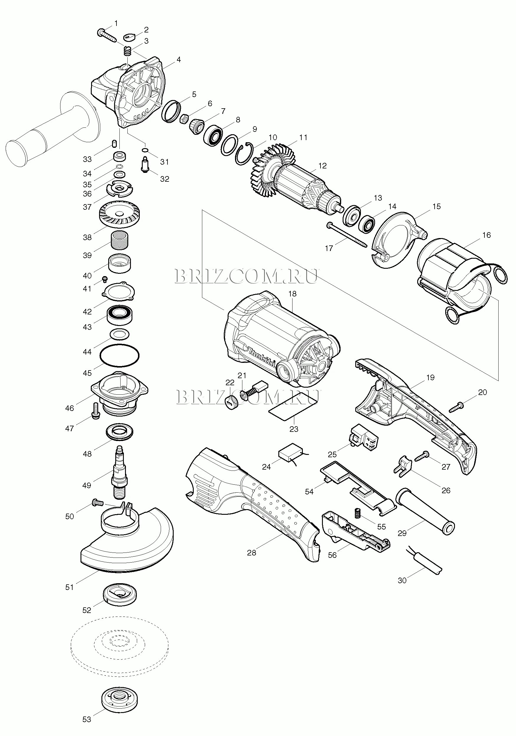 Полная схема сборки болгарки макита ga5030 Запчасти для болгарки Makita GA 5021