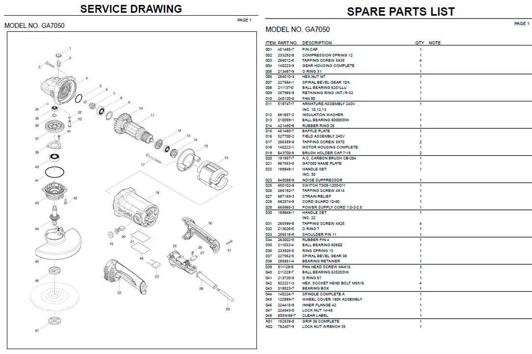 Полная схема сборки болгарки макита ga5030 Купить запчасти для болгарки Makita GA7050 - каталог в интернет-магазине
