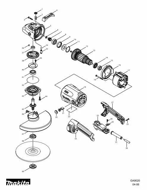 Полная схема сборки болгарки макита ga5030 GA9020 - 9" Electric Angle Grinder