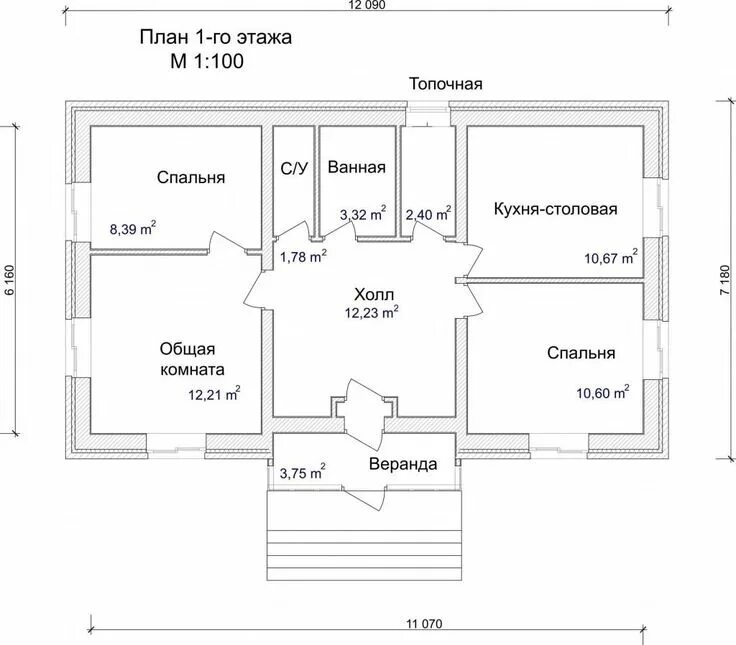 Полный чертеж одноэтажного дома Проект дома "Дачный вариант" Архитектурное бюро "Беларх" - Авторские проекты пла