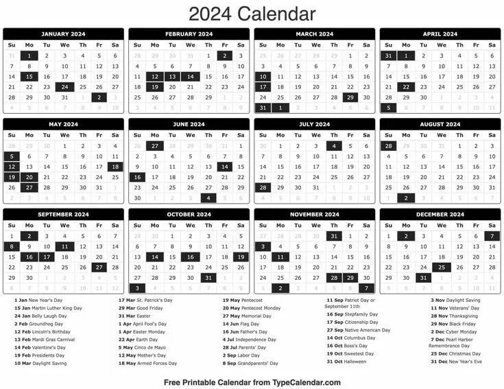 Полный календарь на 2024 год Monthly Calendars (2024) - Free Printable Calendar