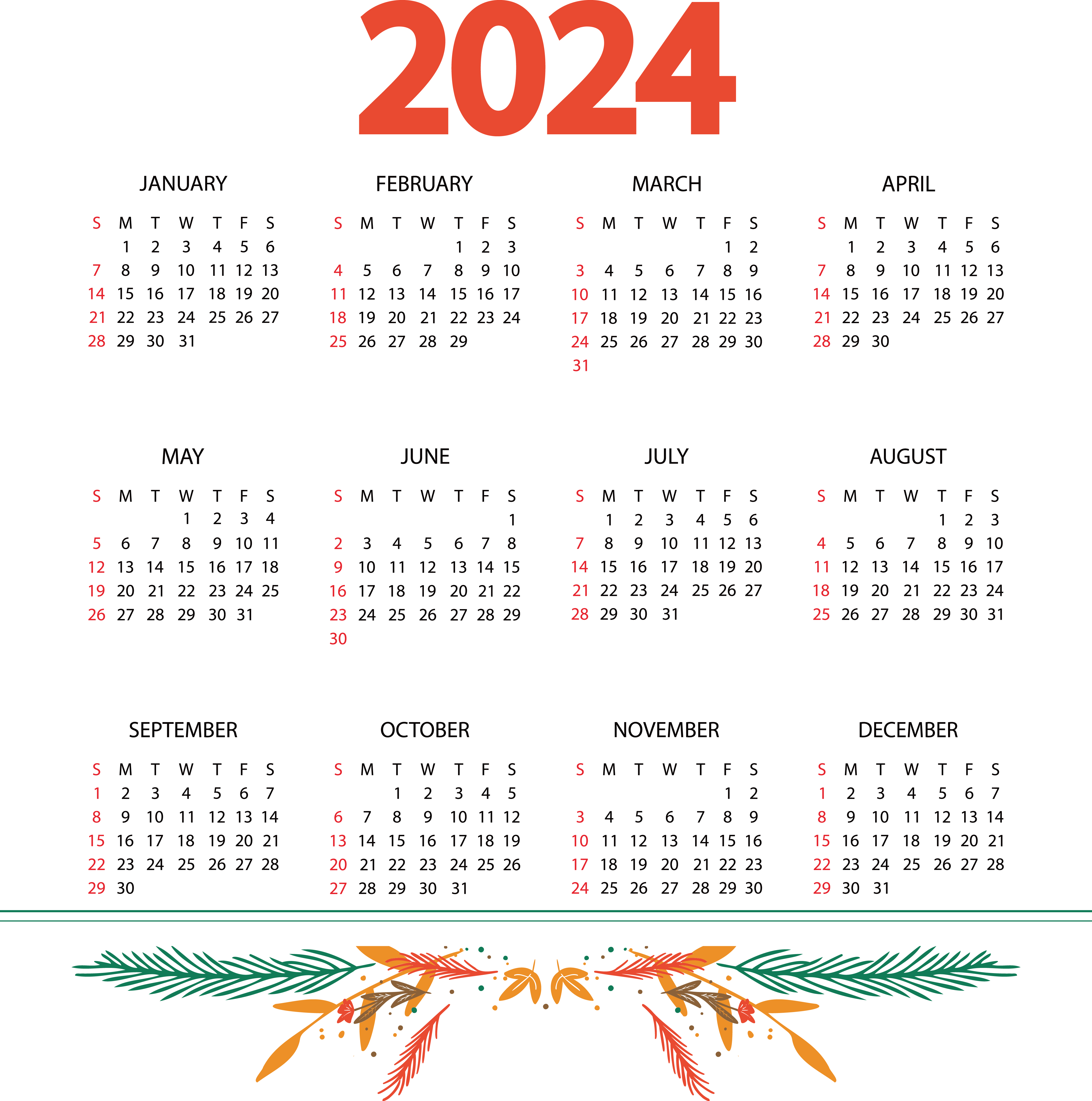 Полный календарь на 2024 год 2024 Calendar PNG Transparent Images, Pictures, Photos