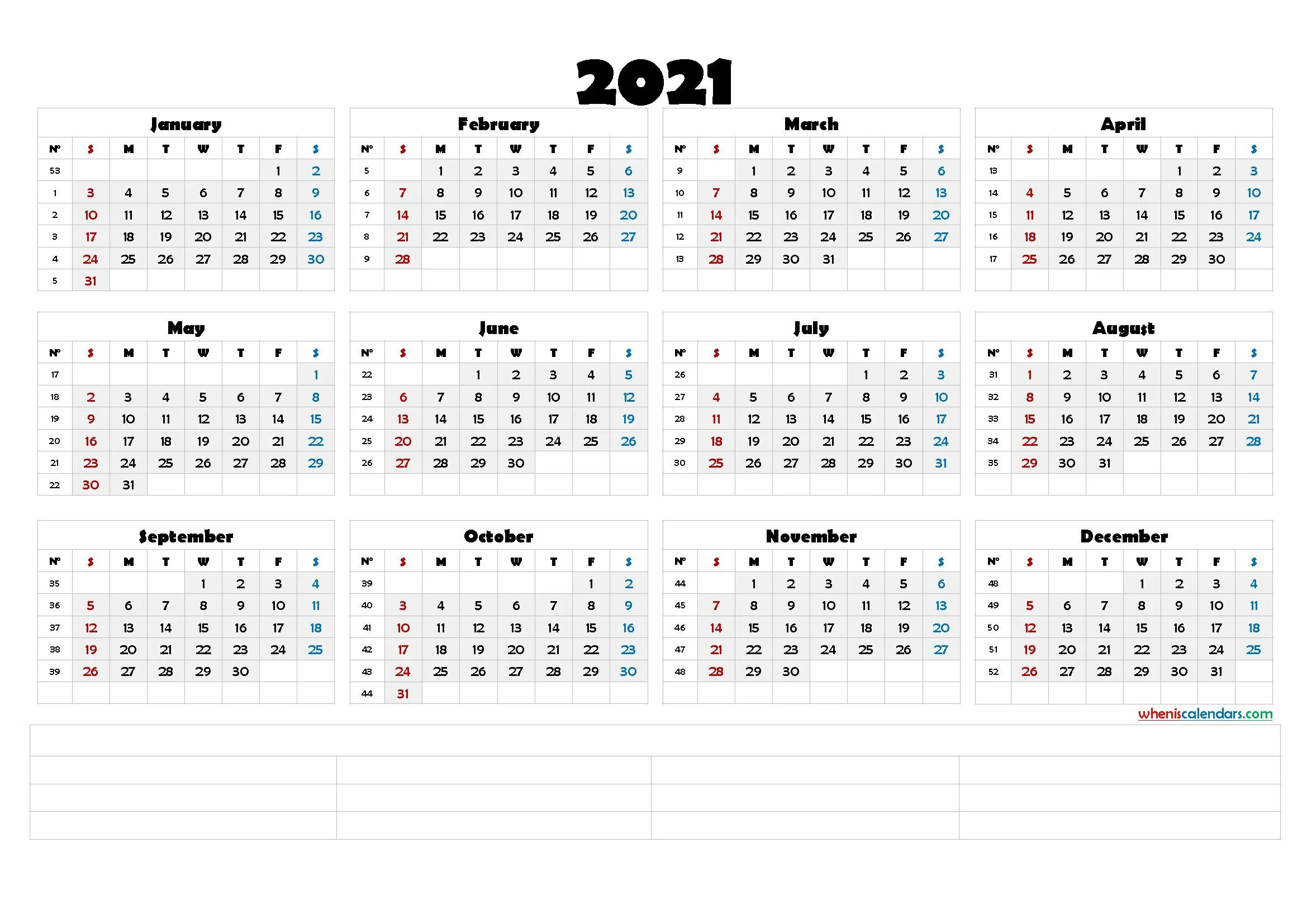 Полный календарь на год Printable 2021 Calendar With Week Numbers (6 Templates) intended for Monthly Cal