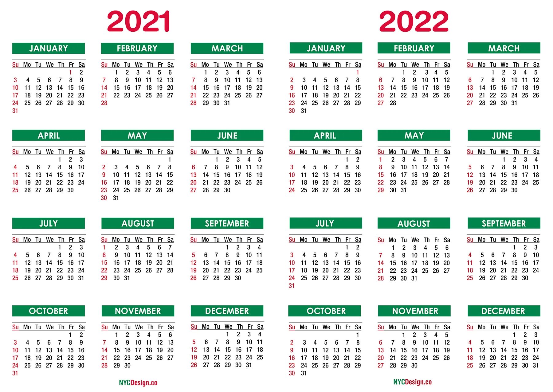 Полный календарь на год Green Dot Calendar 2021-2022