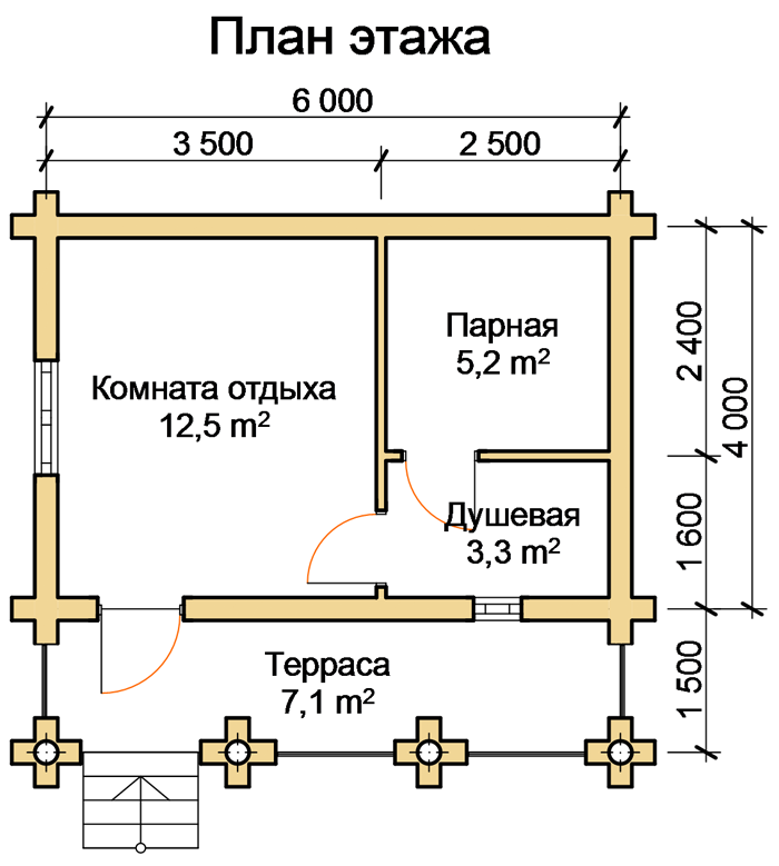 Полный проект бани с чертежами Одноэтажная деревянная баня 24 м2 с террасой и комнатой отдыха заказать по цене 