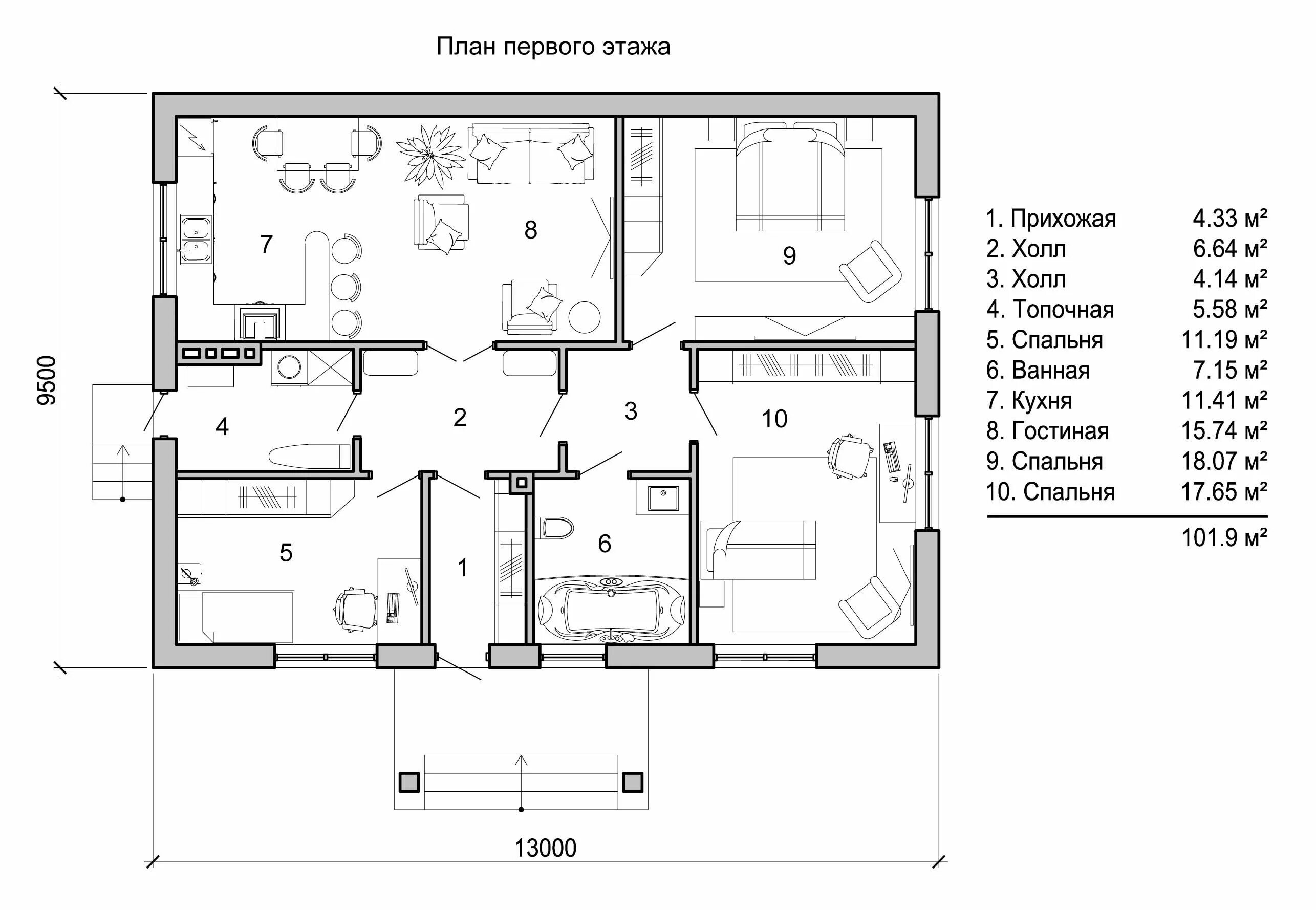 Полный проект одноэтажного дома с чертежами планировка одноэтажного дома из кирпича 10x13м вариант 1 Casas