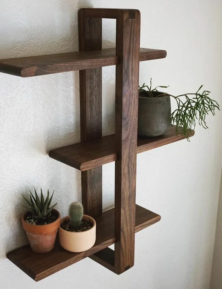 Полочка из дерева фото Walnut Shift Shelf the Original Solid Wood Wall Decor for Hanging Plants, Art. B