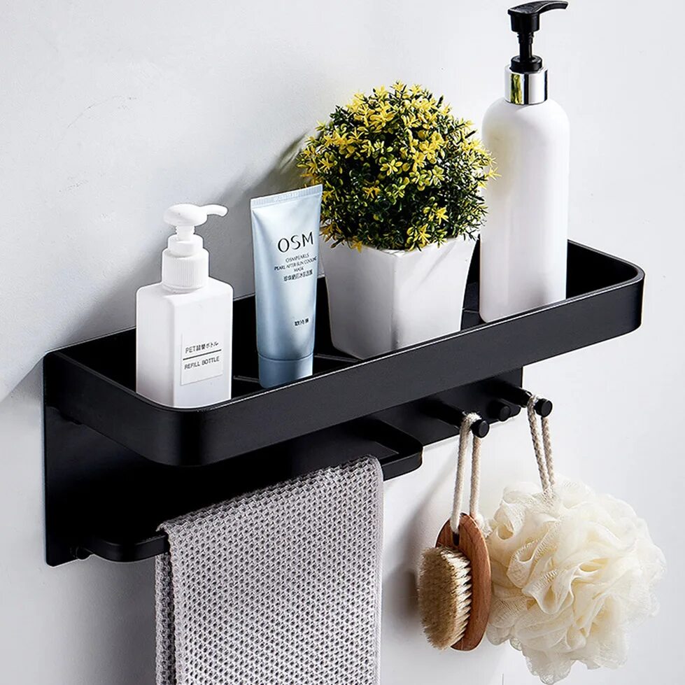 Полочка в ванной фото Black Silver Bathroom Shelf Shower Caddy Wall Mount Shelves with Bar Aluminum Ba