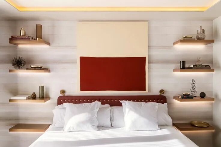 Полочки над кроватью в спальне интерьер дизайн Bedroom Design Idea - Replace A Bedside Table And Lamp With Floating Shelves And