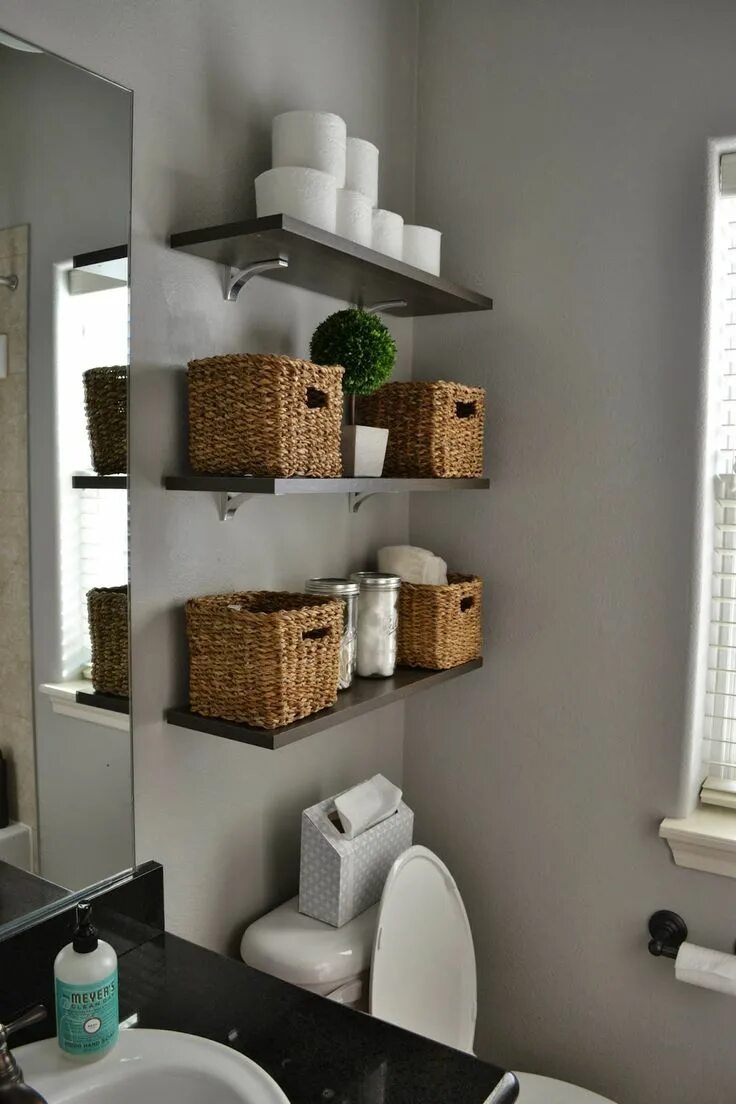 Open shelving in powder room, half-bath, bathroom Powder room decor, Small bathr