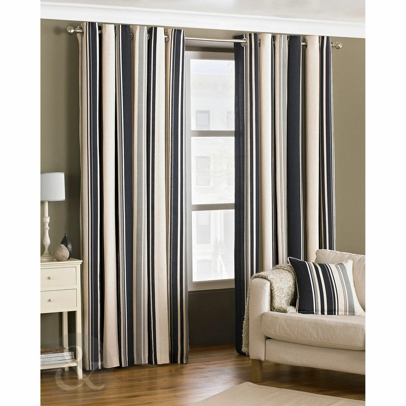 Полосатые шторы в интерьере Just Contempo Curtain Pair 66" x 72" (living room) Ready Made Striped Eyelet Cur