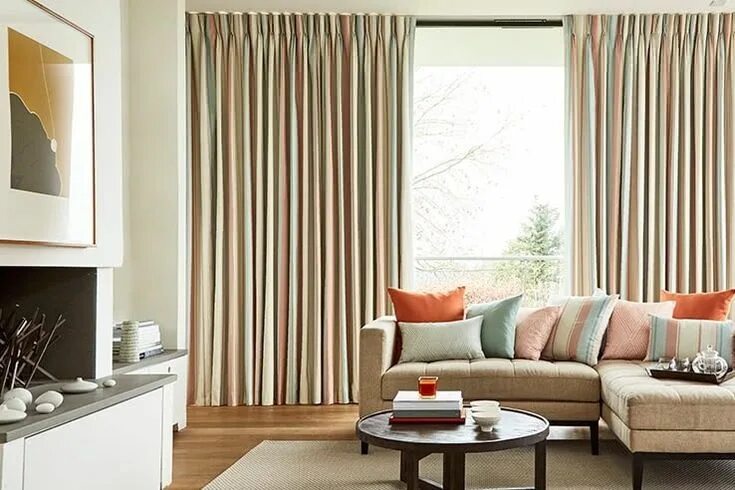 Полосатые шторы в интерьере Cream-Patterned-Curtain-Living-Room-Mishima-Dawn Curtains living room, Drapes cu