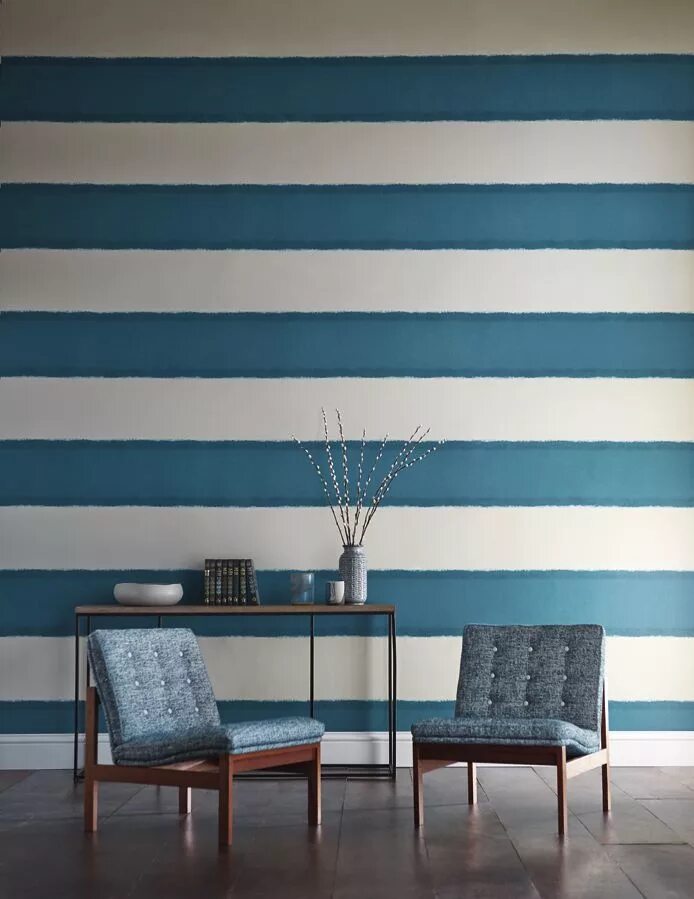 Полосатые стены в интерьере Harlequin, Landscapes Wallpaper is a bold horizontal stripe that makes a real co