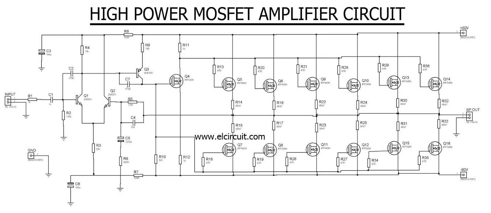 Полосовой усилитель схема High Power Mosfet Amplifier IRF540N Audio amplifier, Circuit diagram, Electrical