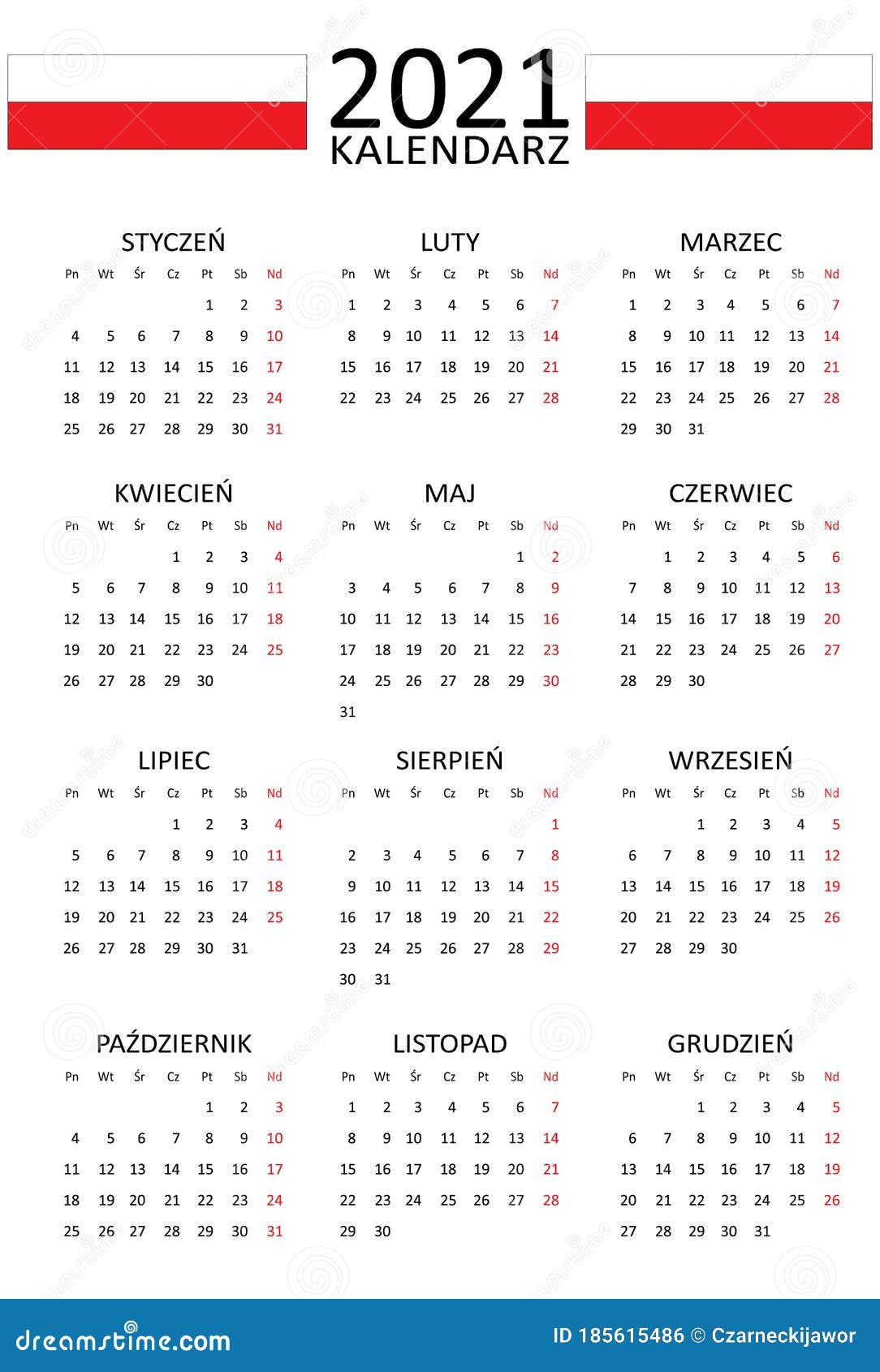 Польша календарь выходных Polish Calendar for 2021. 12 Months on One Page. Weekend Start from Monday Stock