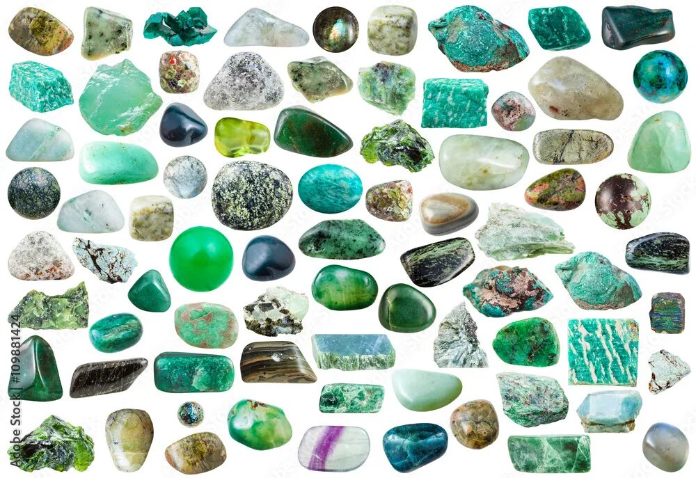 Полудрагоценные камни зеленого цвета фото set of green stones, crystals and gemstones Stock-Foto Adobe Stock